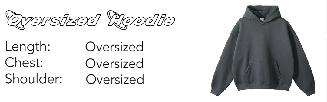 Gray oversized hoodie with text describing size on a white background
