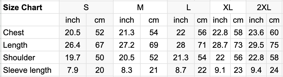 Size chart for clothing with measurements in inches and centimeters