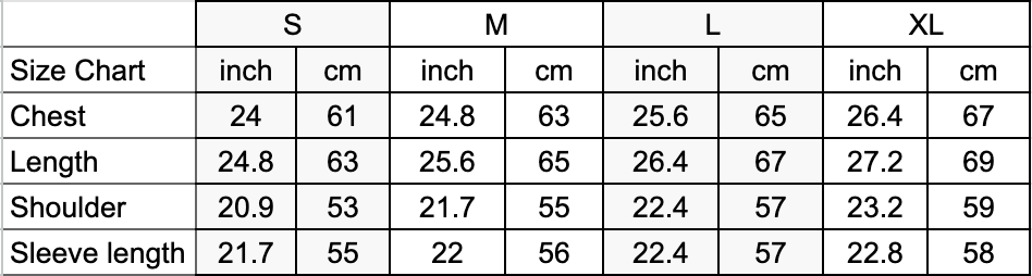 Size chart for clothing measurements in inches and centimeters across S, M, L, and XL sizes.