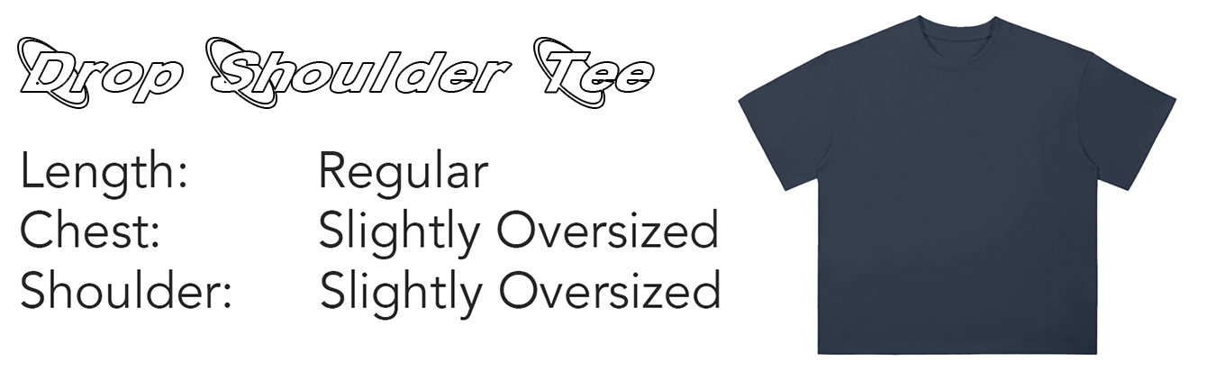 Navy blue t-shirt with drop shoulder design on a white background. Sizes included
