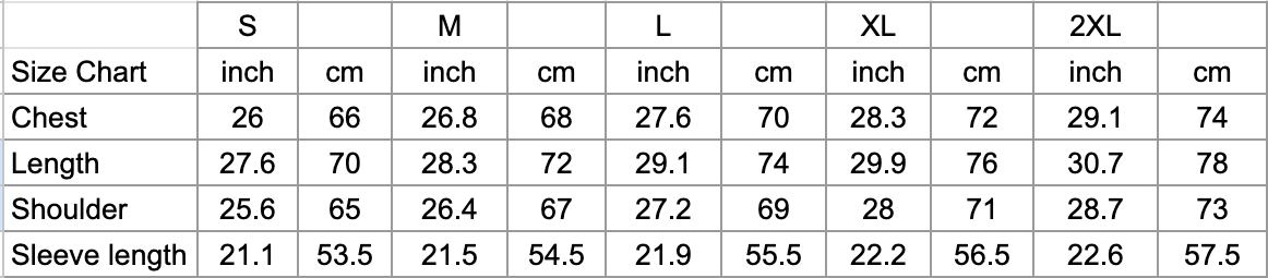 Size chart for clothing measurements in inches and centimeters