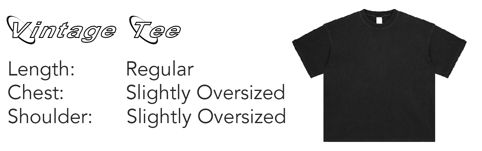 a black t shirt pictured next to a general sizing chart
